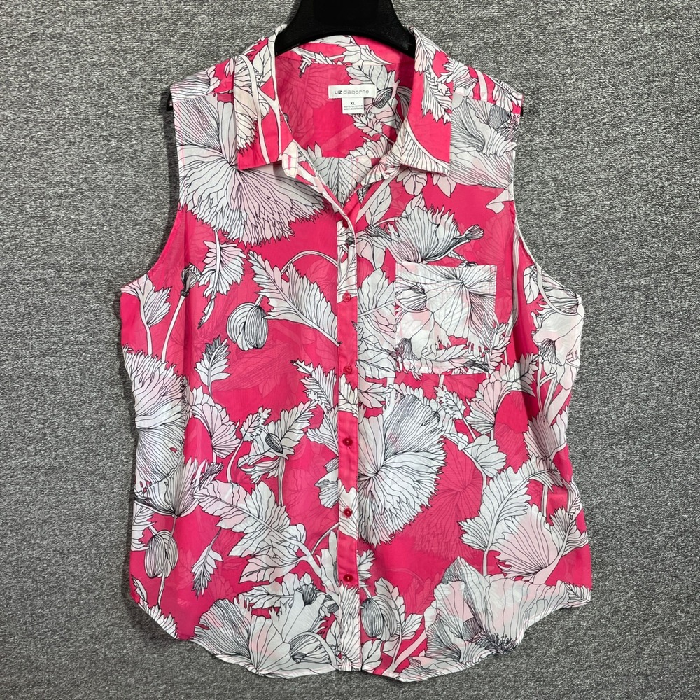 Liz Claiborne Blouse Pink White Floral Sleeveless Button Down XL